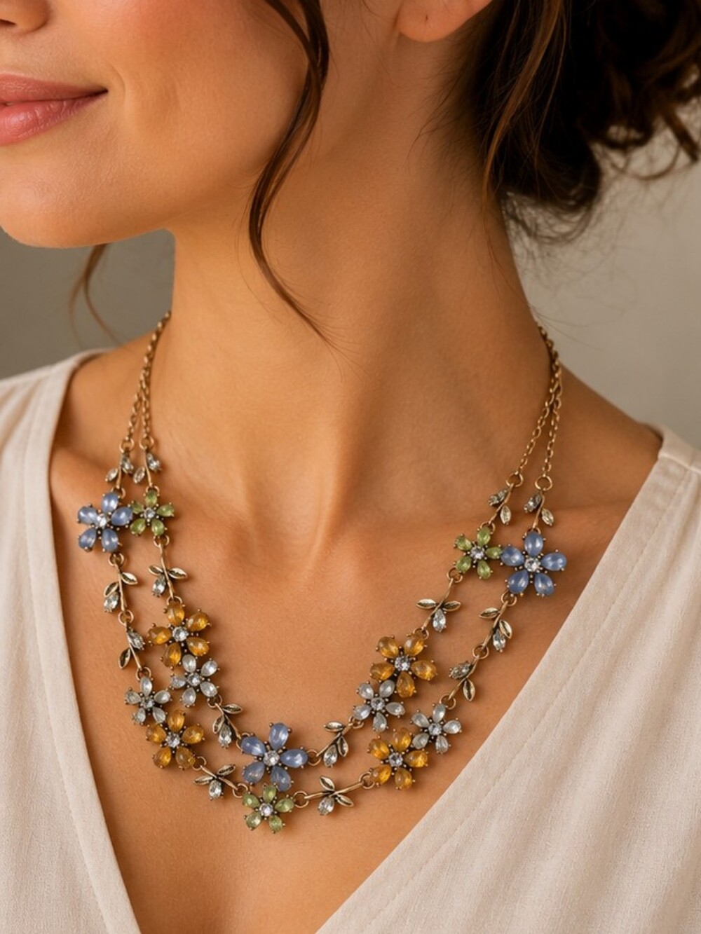 Gold Tone Floral Crystal Necklace Multicolor Rhinestone Flower Vine 17" + 2" Ext